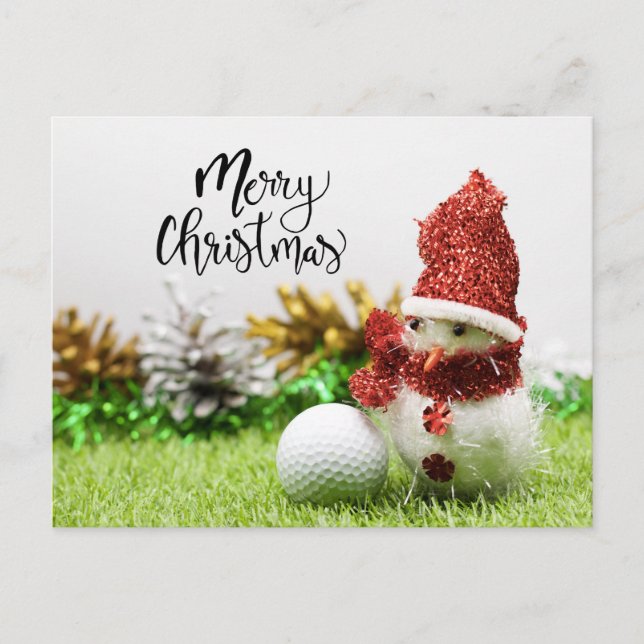 Cartão Postal Golfe Feliz Natal com bola e boneco de neve (Frente)