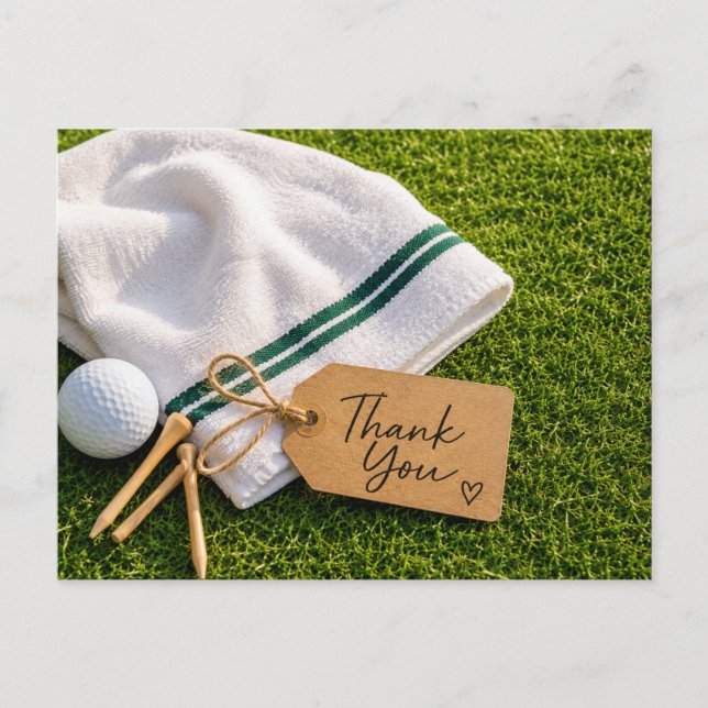 Cartão Postal Golfe Obrigado com bola na grama verde (Frente)