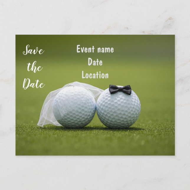 Cartão Postal Golfe Salve a Data com bolas de golfe no Casamento (Frente)