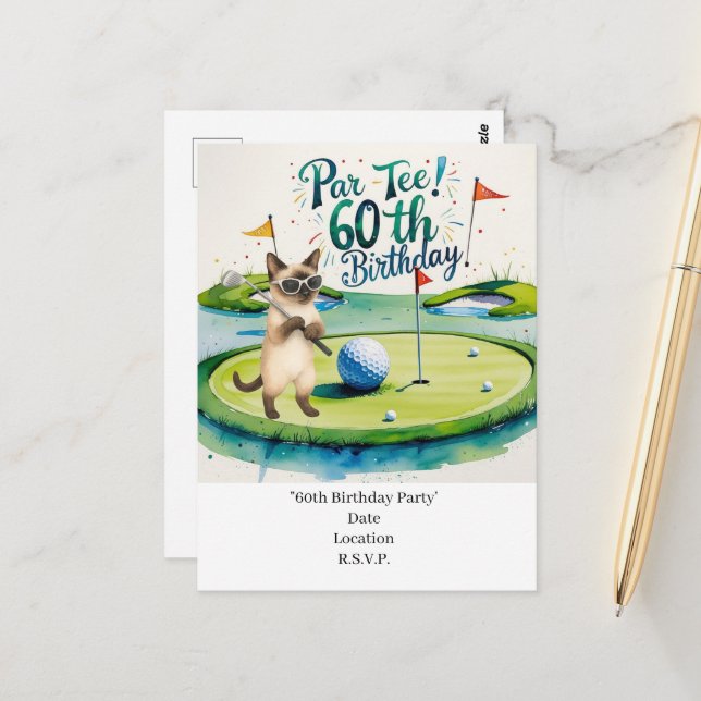 Cartão Postal Golfeiro 60º aniversário com bola de golfe no tee (Frente/Verso In Situ)