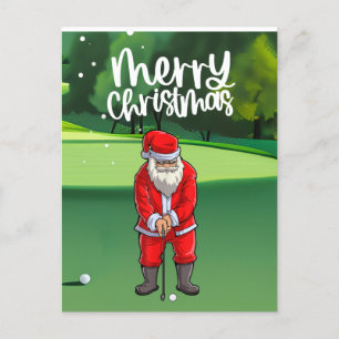Cartão Postal Golfer Santa Claus jogando golfe verde no Natal