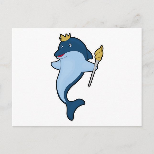 Cartão Postal Golfinho como rei com Funcionarios e coroa (Frente)