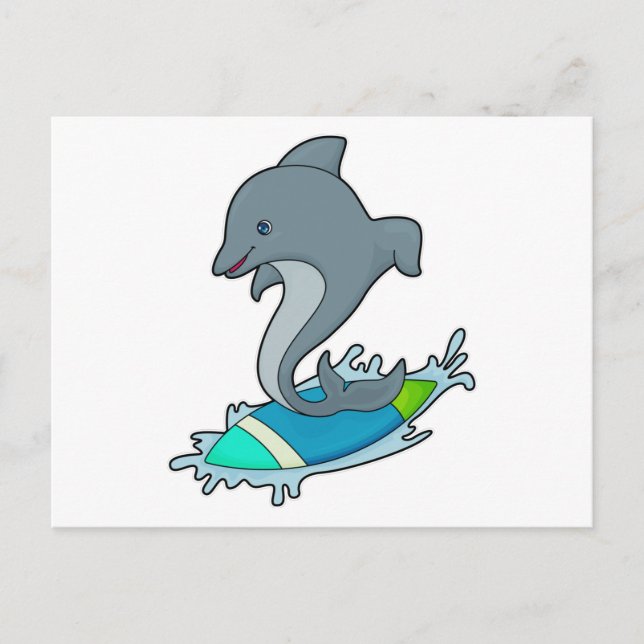 Cartão Postal Golfinho como surfista com prancha de surfe (Frente)