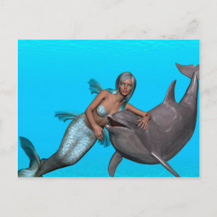 Cartão Postal Golfinho nadando com sereia