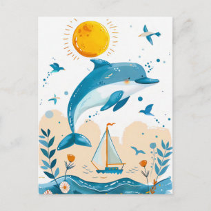 Cartão Postal Golfinhos de Desenho Animado Saltando da Água