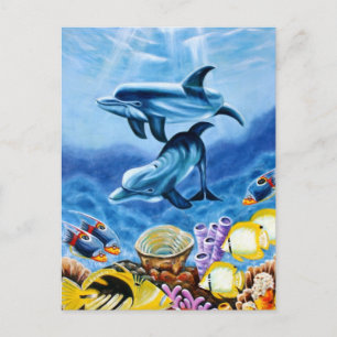 Cartão Postal Golfinhos Peixes Tropicais