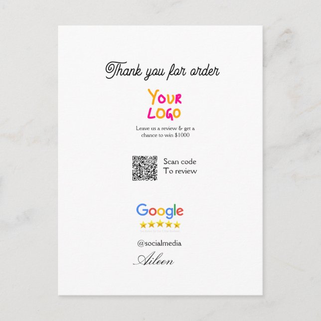 Cartão Postal Google review business logo website scan QR code (Frente)