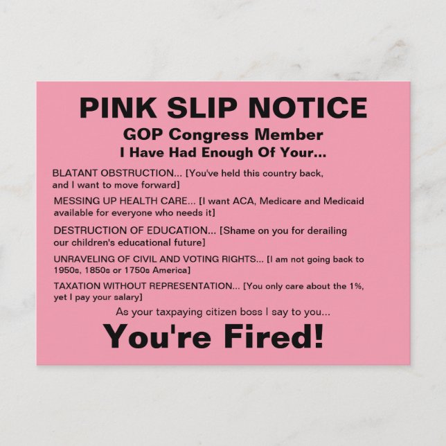 Cartão Postal GOP Congress Pink Slip Notice Postcard (Frente)
