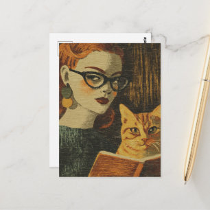 Cartão Postal Gorgeosa Senhora Vintage e Seu Gato Lendo