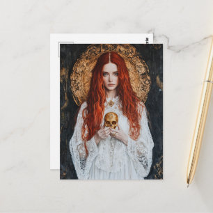Cartão Postal Gorgeous Mulher Ruiva Com uma Pequena Caveira Dour