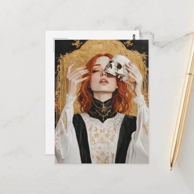 Cartão Postal Gorgeous Red haired Woman With a Skull (Frente/Verso In Situ)