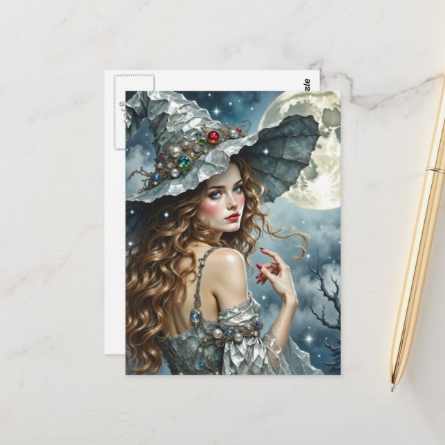 Cartão Postal Gorgeous Witch in Silver Dress and Hat Full Moon (Frente/Verso In Situ)