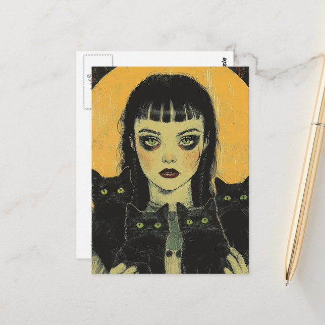 Cartão Postal Goth Girl With Four Black Cats (Frente/Verso In Situ)