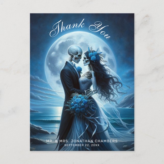 Cartão Postal Gothic Blue Skeleton Couple Wedding Thank You (Frente)
