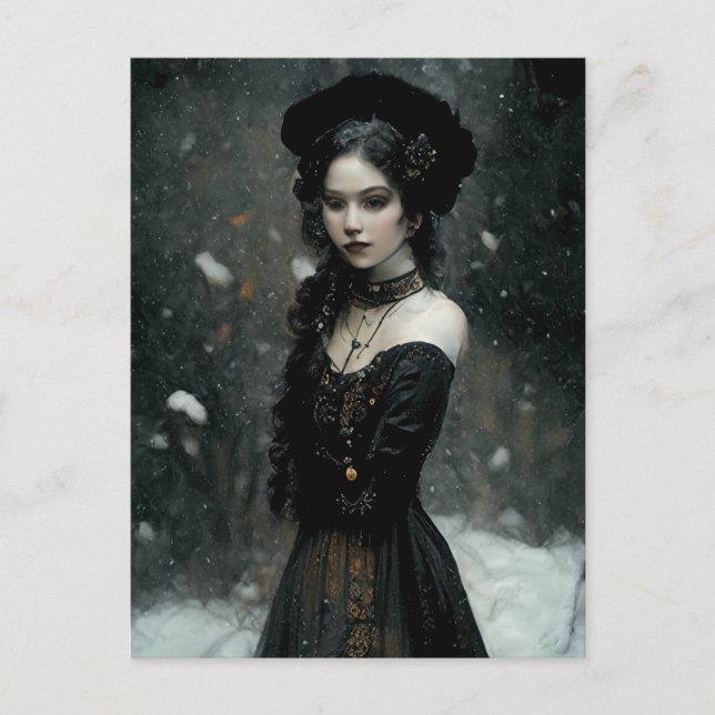 Cartão Postal Gothic Girl in winter. Snowing. (Frente)