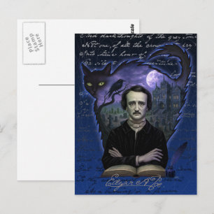 Cartão postal gótico de Edgar Allan Poe com corvo