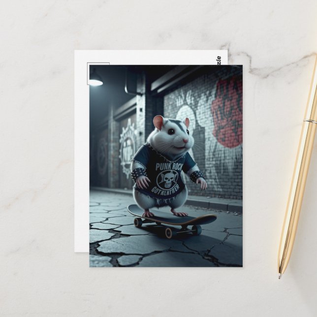 Cartão Postal Gótico Punk Rock Skateboard Hamster (Frente/Verso In Situ)