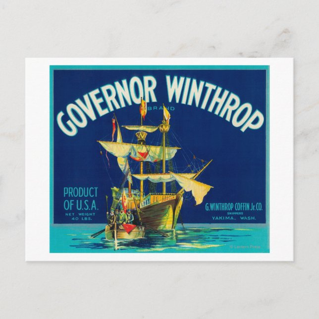 Cartão Postal Governador Winthrop Apple Label (azul) - Yakima, W (Frente)