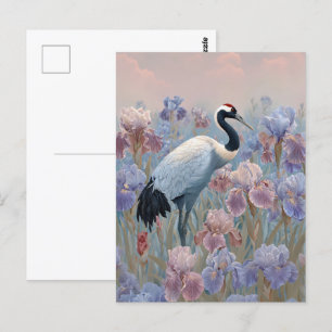 Cartão Postal Graceful Crane Field of Blooming Irises