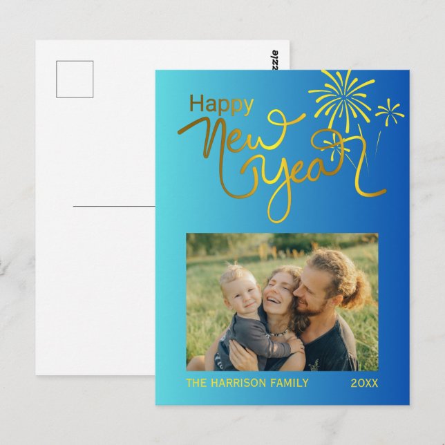 Cartão Postal Gradiente Azul de Foto do Feliz ano novo Dourado d (Frente/Verso)