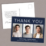 Cartão Postal Graduação Azul Moderno 3 Foto Obrigado<br><div class="desc">Obrigado de graduação azul marinho escuro moderno, você faz o cartão-postal com 3 fotos do formando e "Obrigado", o nome do formando, a escola e o ano de aula em uma simples tipografia branca. Personalize a mensagem do seu obrigado no verso e adicione seu nome em um script semelhante a...</div>