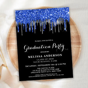 Cartão Postal Graduação das gotas de brilho preto Elegante azul