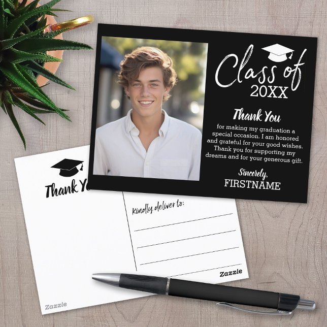 Cartão Postal Graduação de Classe do Ano Obrigado Escrever Preto (Graduation Thank You Postcard)