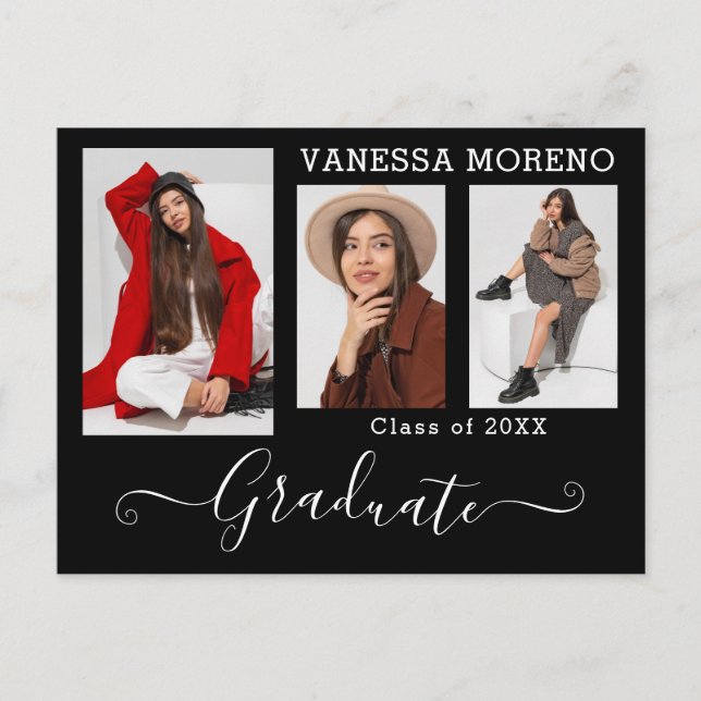 Cartão Postal Graduação de Foto BxW do Script de Caligrafia Mode (Frente)