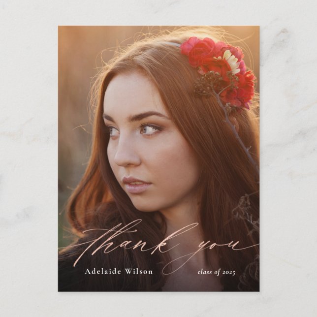 Cartão Postal Graduação de Foto com Caligrafia rosa Dourada Obri (Frente)