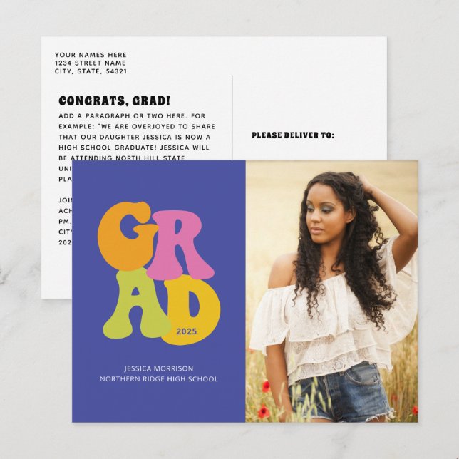 Cartão Postal Graduação de Foto com Design 2025 Retro Brilhante (Frente/Verso)