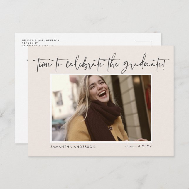 Cartão Postal Graduação de Foto com Script Manuscrito de Orçamen (Frente/Verso)