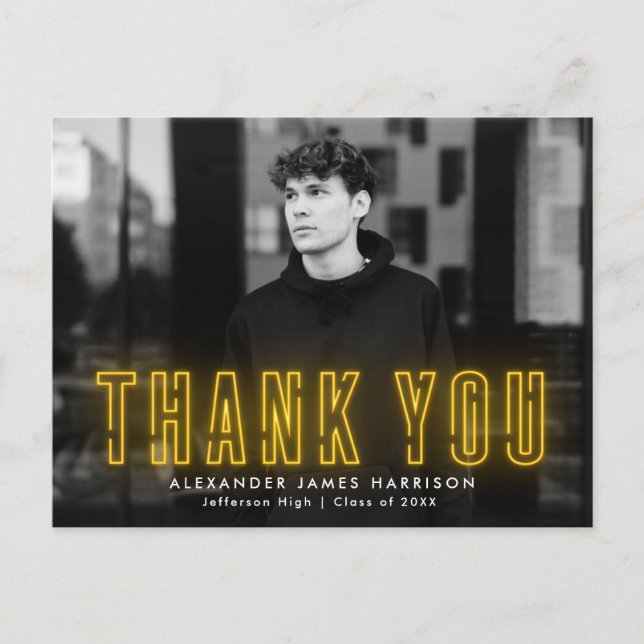 Cartão Postal Graduação de Foto Neon Amarelo Moderno Obrigado (Frente)