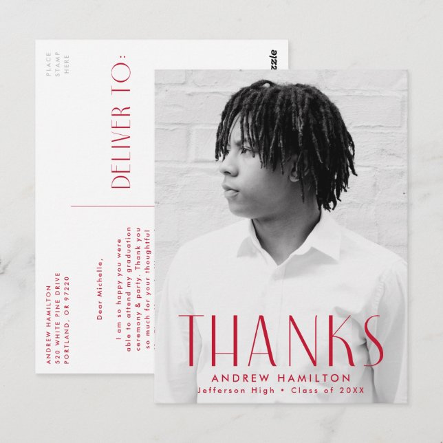 Cartão Postal Graduação de Foto Vermelha Moderna Obrigado (Frente/Verso)