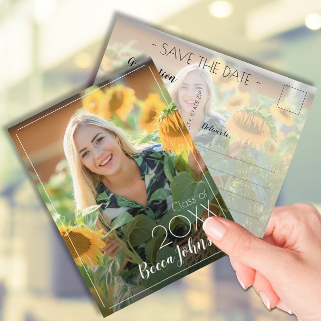 Cartão Postal Graduação de Fotos Moderna Salve a Data (Photo graduation Save the Date postcards feature your details on the back)