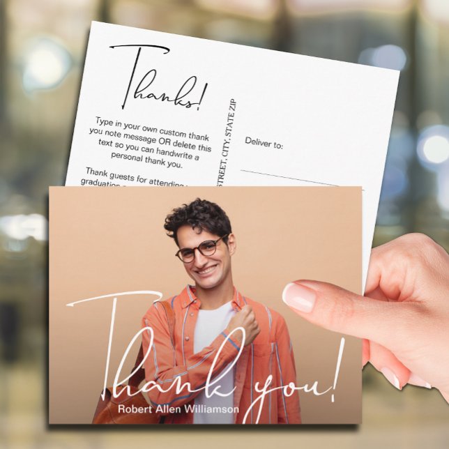 Cartão Postal Graduação de Fotos Simples Obrigado (Your photo on the front of these graduation thank you postcards, your personal message on the back)