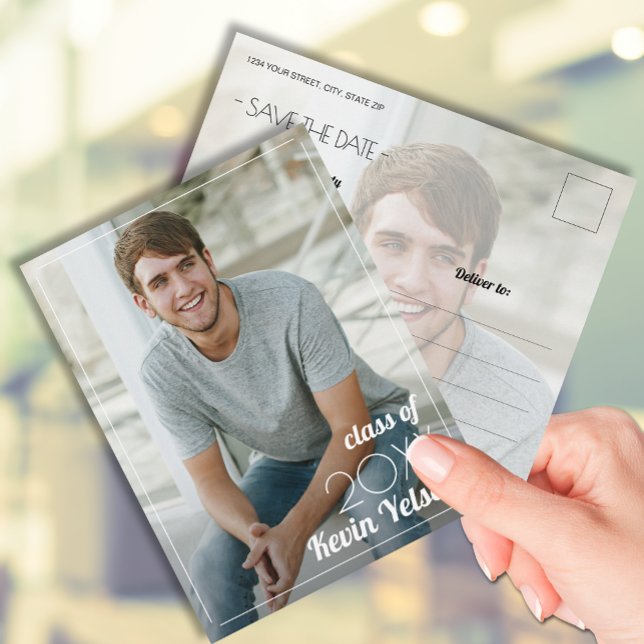 Cartão Postal Graduação de Fotos Vertical Salve a Data (Photo graduation Save the Date postcards feature your details on the back)