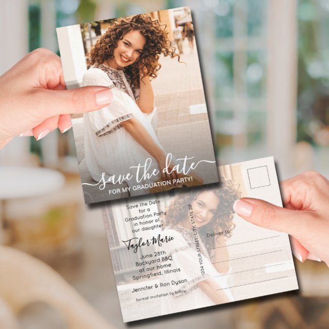 Cartão Postal Graduação de Fotos Vertical Salve a Data (Photo graduation Save the Date postcards feature your details on the back)