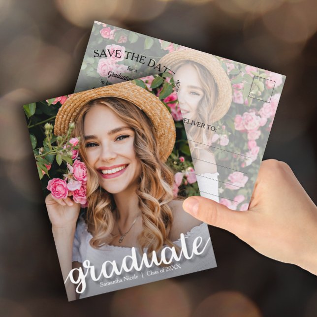 Cartão Postal Graduação de Script Elegante SALVE A DATA (Photo graduation Save the Date postcards feature your details on the back)