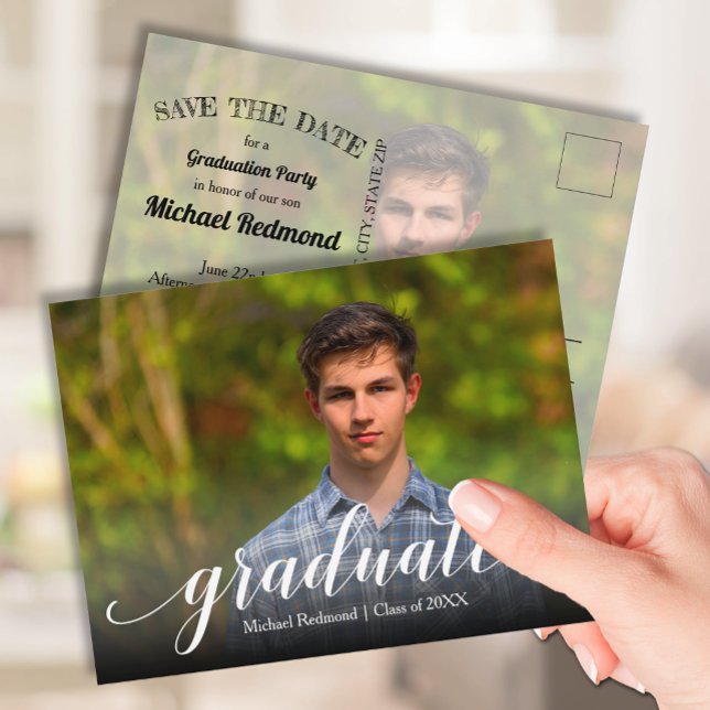 Cartão Postal Graduação de Script Elegante SALVE A DATA (Photo graduation Save the Date postcards feature your details on the back)