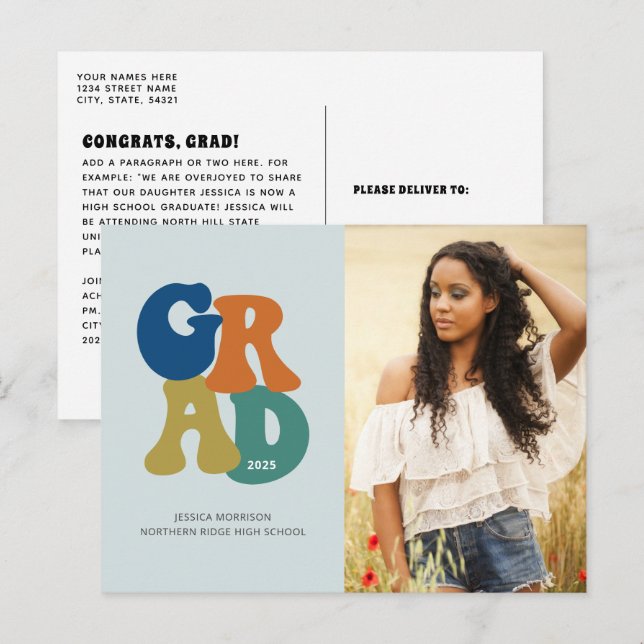 Cartão Postal Graduação em Groovy Formando 2023 na Retro Azul do (Frente/Verso)