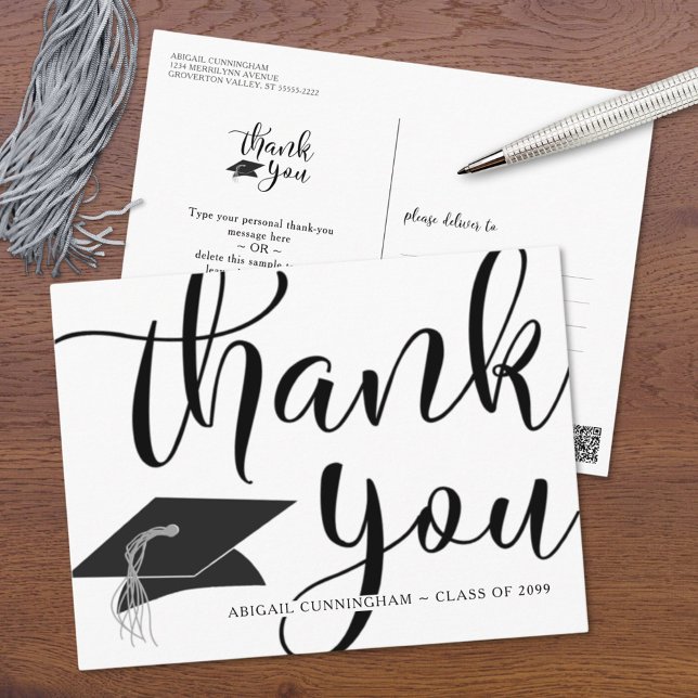 Cartão Postal Graduação em Preto e Branco do Script Chic Obrigad (Criador carregado)