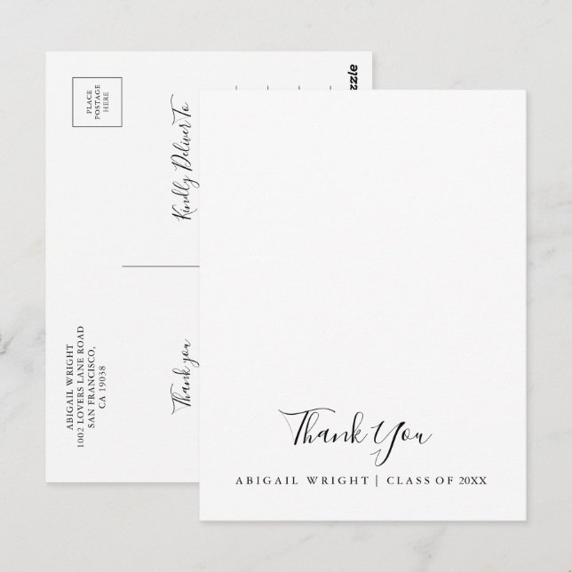 Cartão Postal Graduação Minimalista Simples Obrigado (Frente/Verso)
