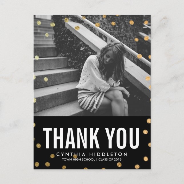 Cartão Postal Graduação Obrigado Foto Dourada Confetti (Frente)