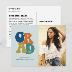 Cartão Postal Graduação Retro Azul dos Anos 70 Groovy 2023