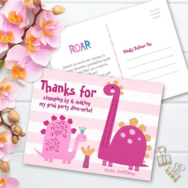 Cartão Postal Graduação Rosa Dinossauros Menina Kawaii Obrigada (Criador carregado)