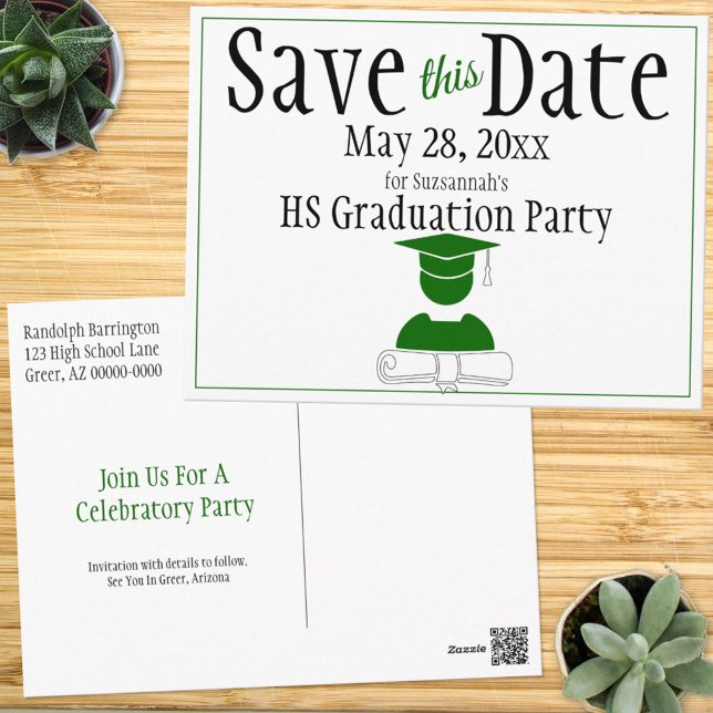 Cartão Postal Graduação Salva A Data Mínima Verde Branco (Criador carregado)