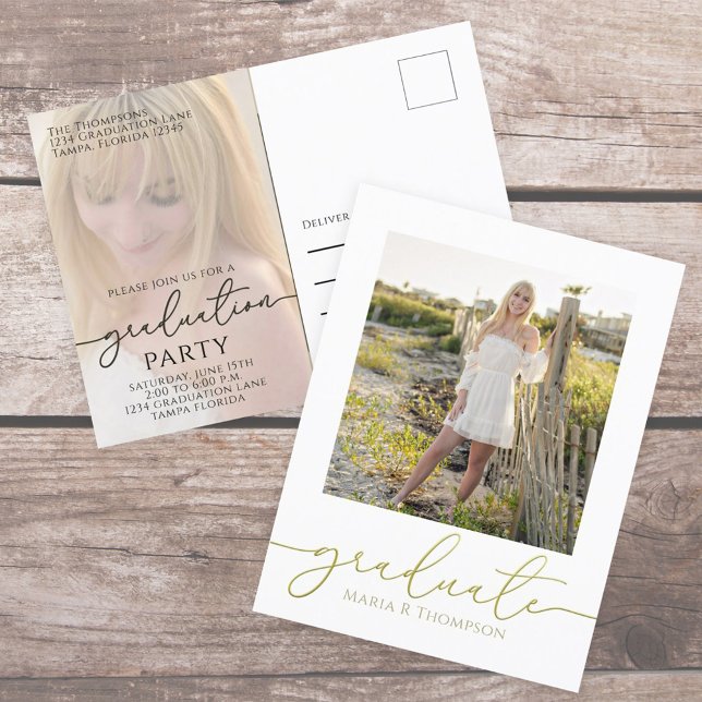 Cartão Postal Graduado Moderno Simples Elegante Dourado Duas Fot (Elegant Graduation photo invitation postcard with a 2-photo template. )