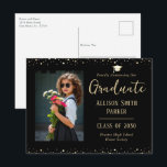 Cartão Postal Graduation Announcement Black and Gold Photo<br><div class="desc">Classic Elegant mortar graduation hat graphic with modern script font graduation announcement postcard. Black and gold design.
Great for junior high,  high school,  and college or university graduation announcement.</div>