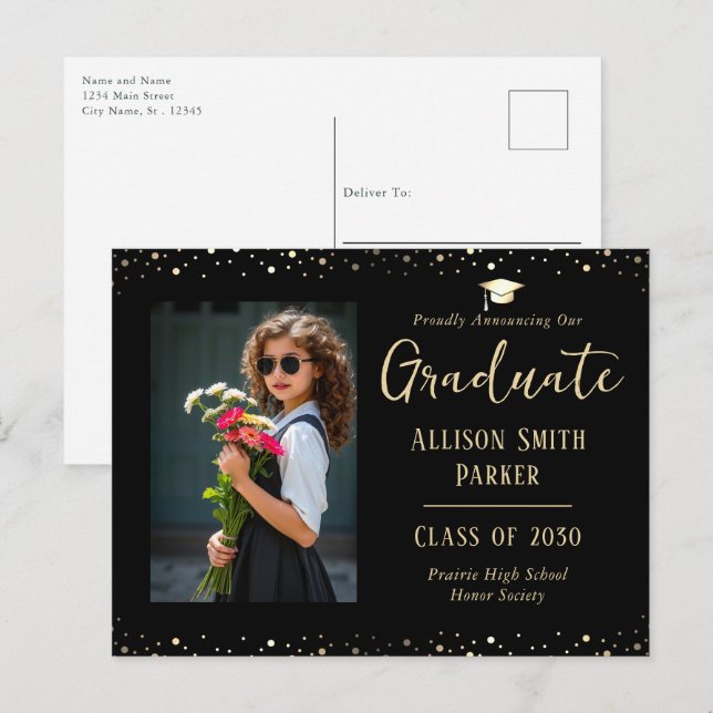 Cartão Postal Graduation Announcement Black and Gold Photo (Frente/Verso)
