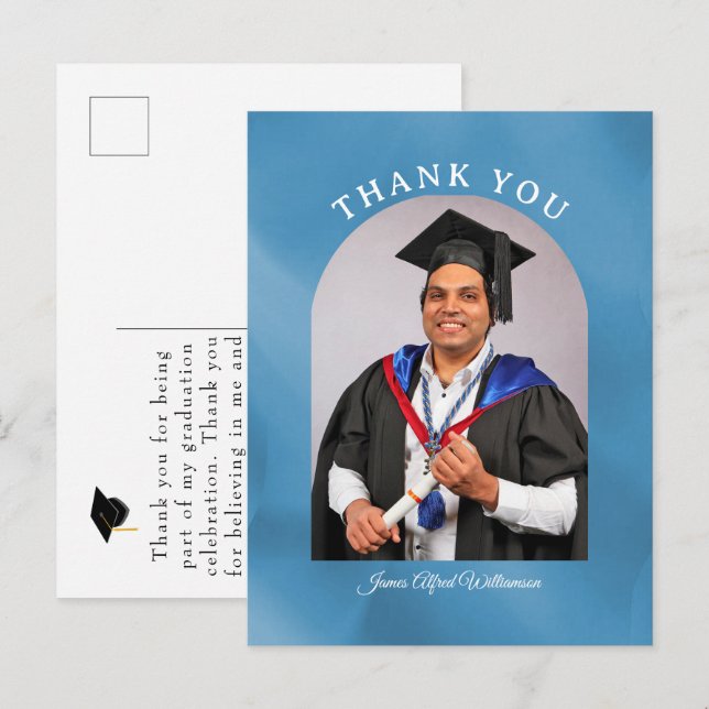 Cartão Postal Graduation Arch blue background Thank You postcard (Frente/Verso)